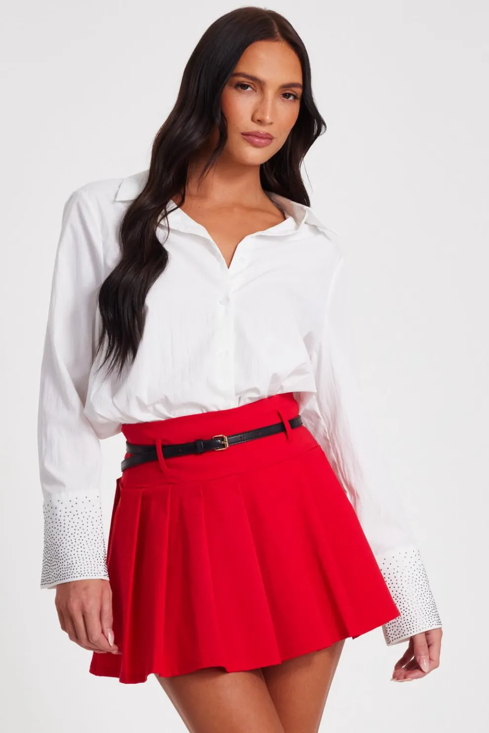 Red Pleated Mini Skirt