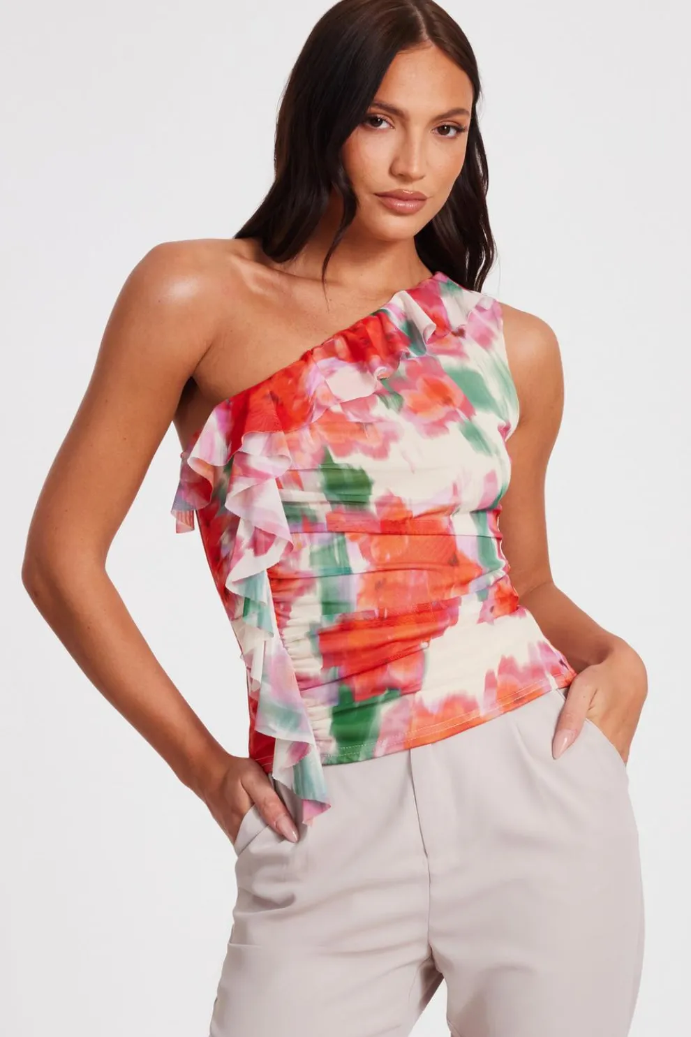 Red Printed Mesh Ruffle Top