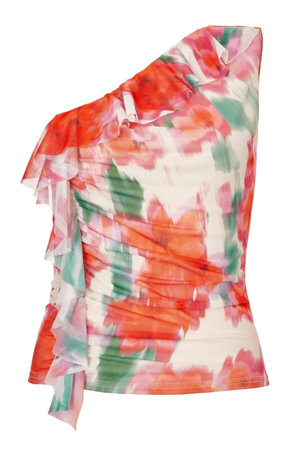 Red Printed Mesh Ruffle Top