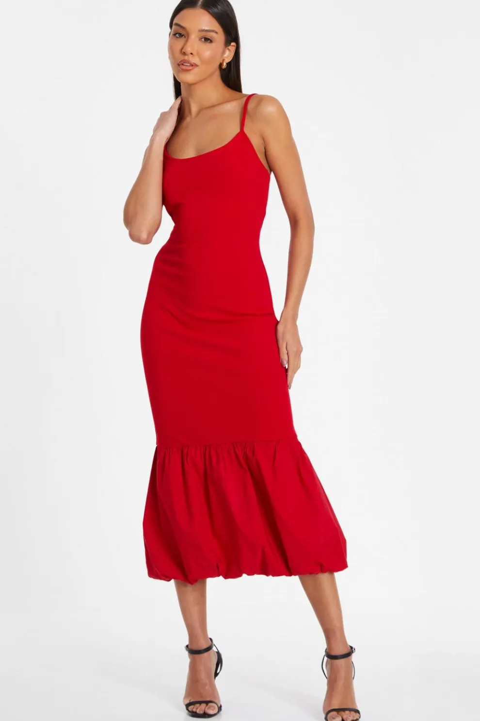 Red Puff Ball Midi Dress