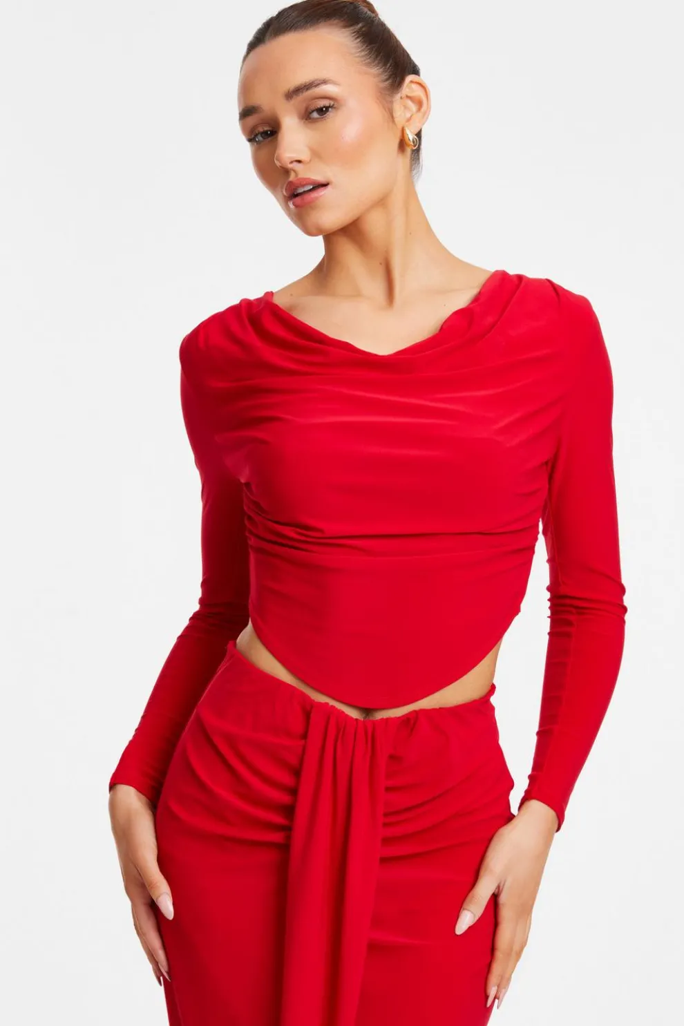 Red Ruched Cowl Neck Top