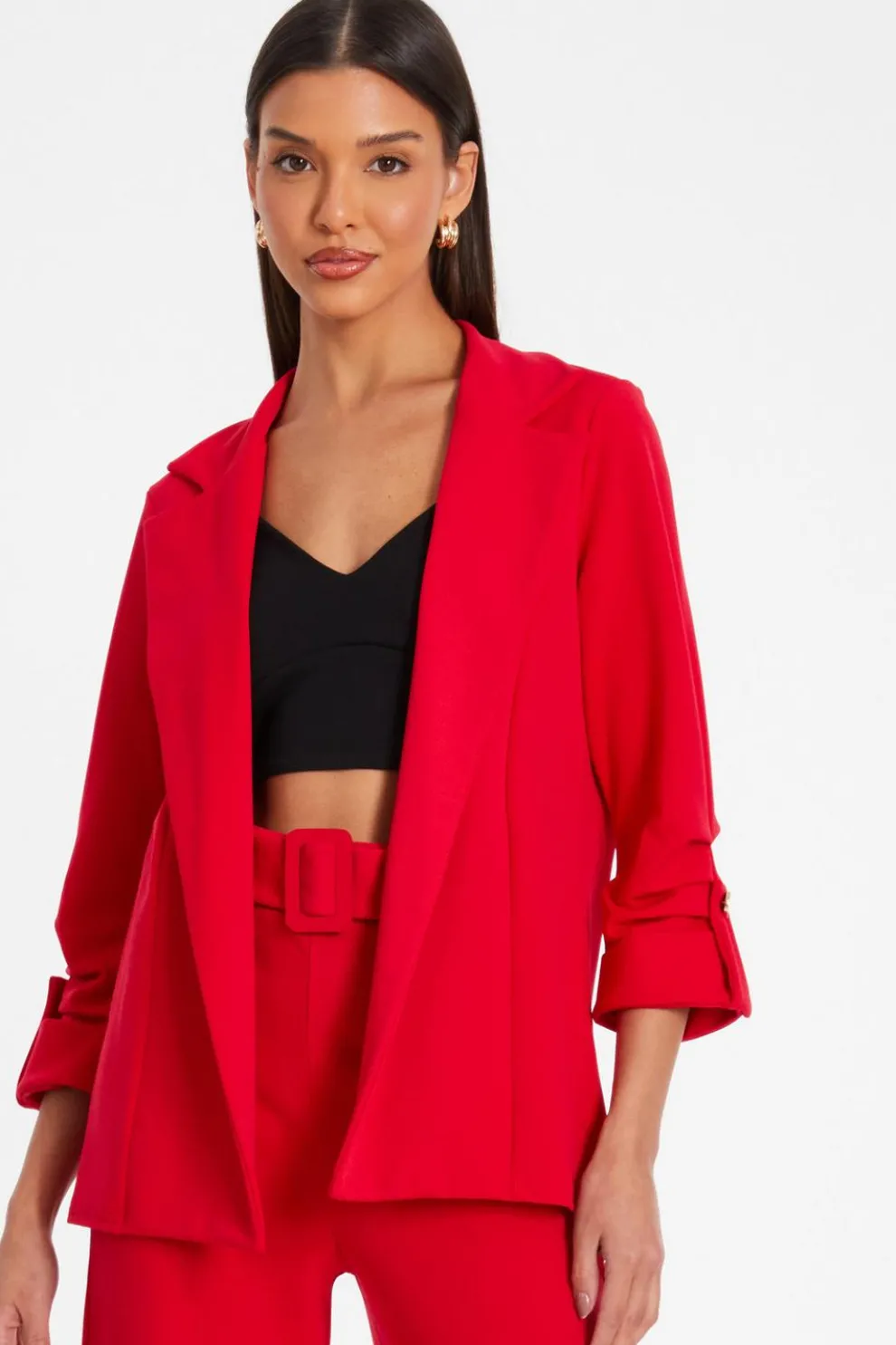 Red Ruched Sleeve Tailored Blazer