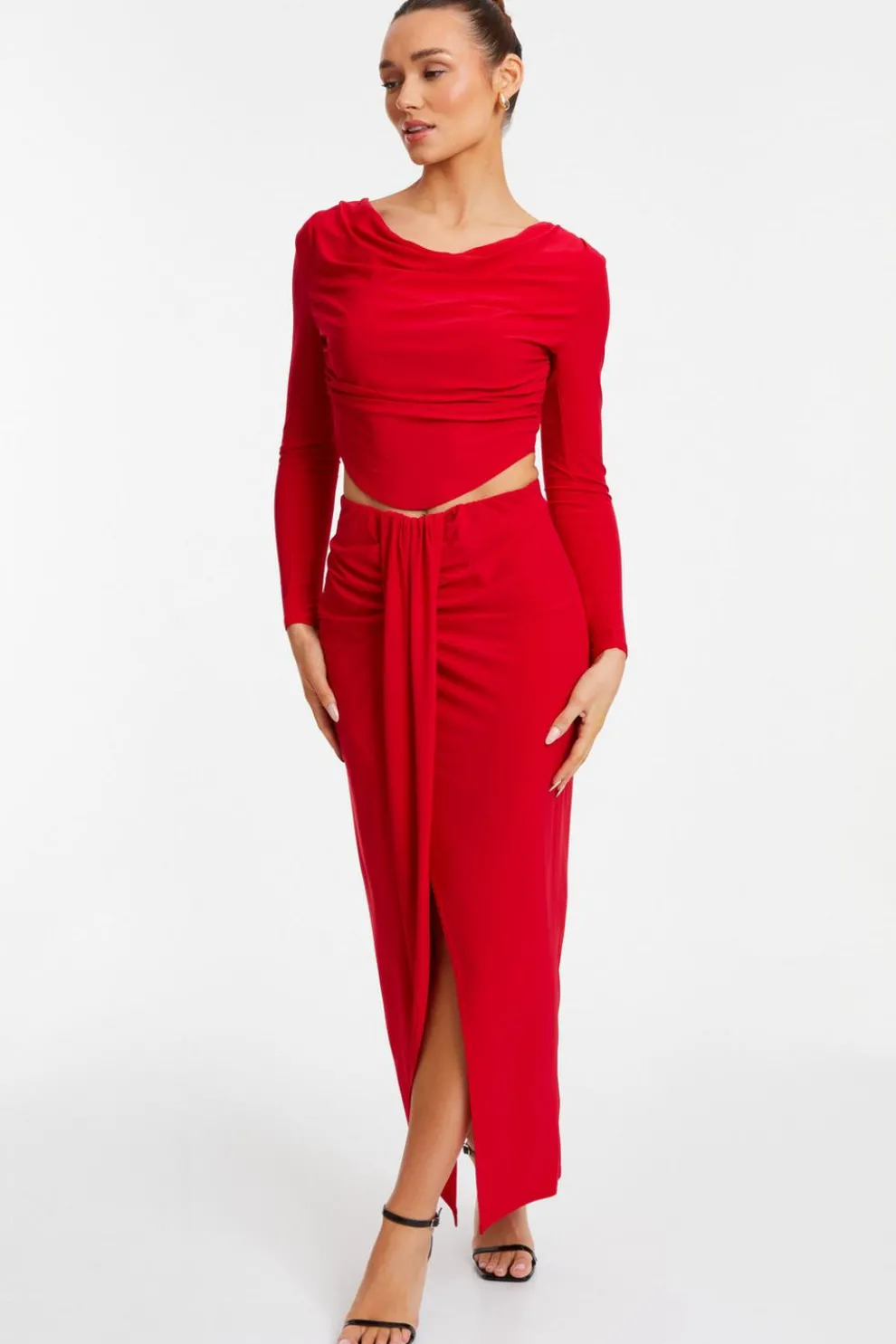 Red Ruched Split Maxi Skirt