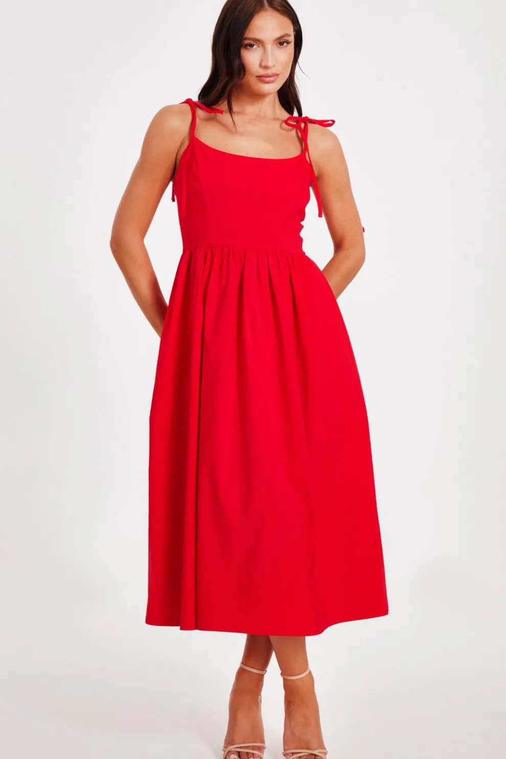 Red Tie Shoulder Midi Dress