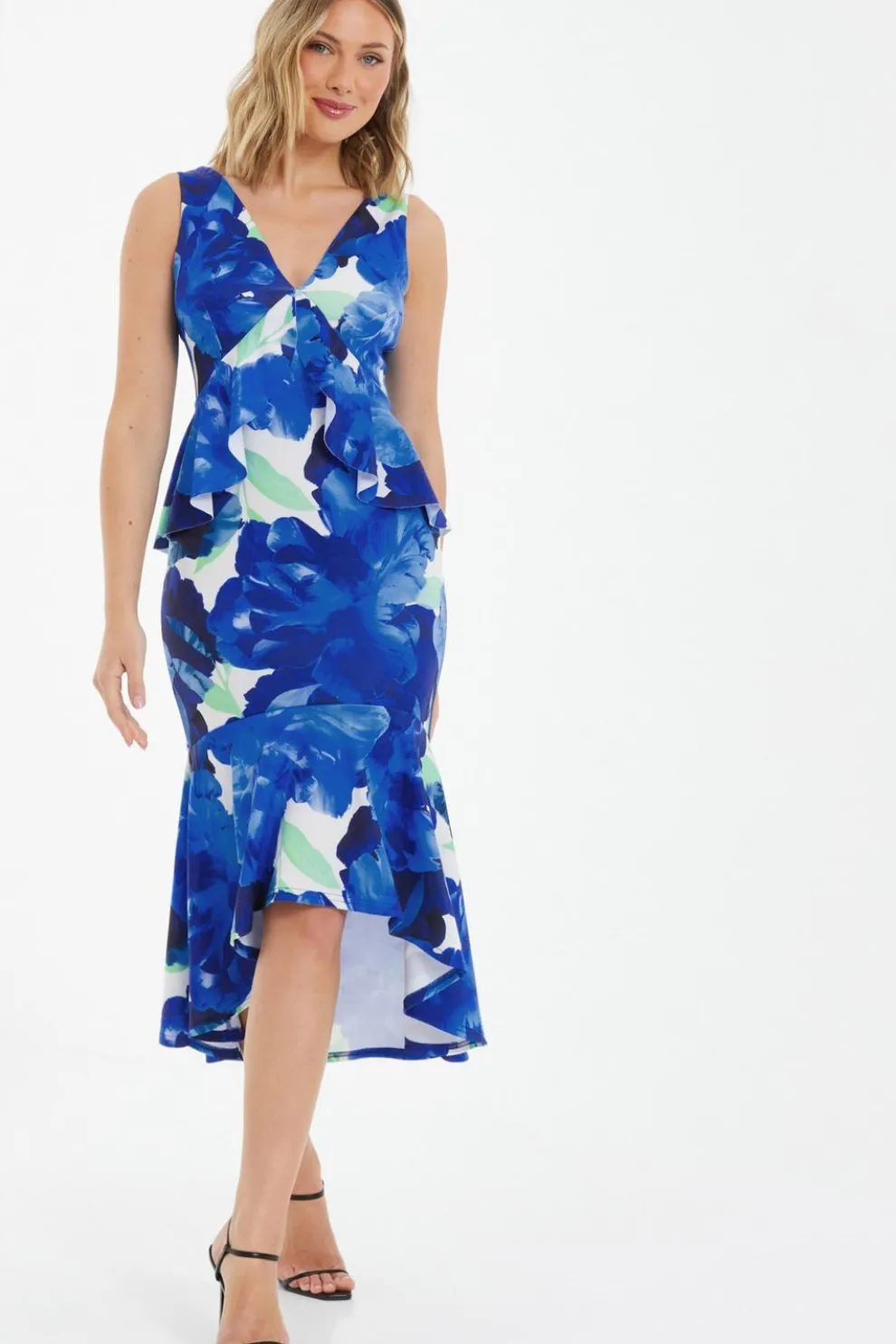 Royal Blue Floral Frill Midi Dress