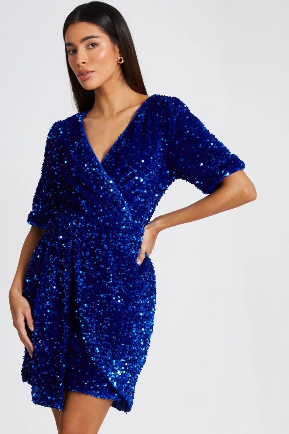 Royal Blue Sequin Wrap Mini Dress