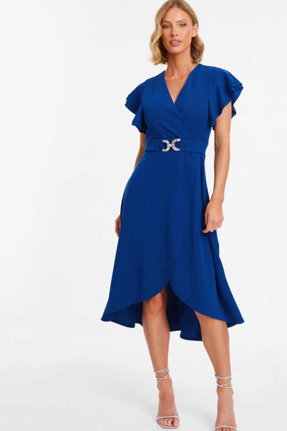 Royal Blue Wrap Frill Sleeve Midi Dress