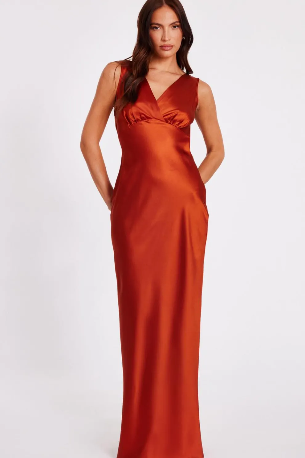 Rust Satin Cowl Back Maxi Dress