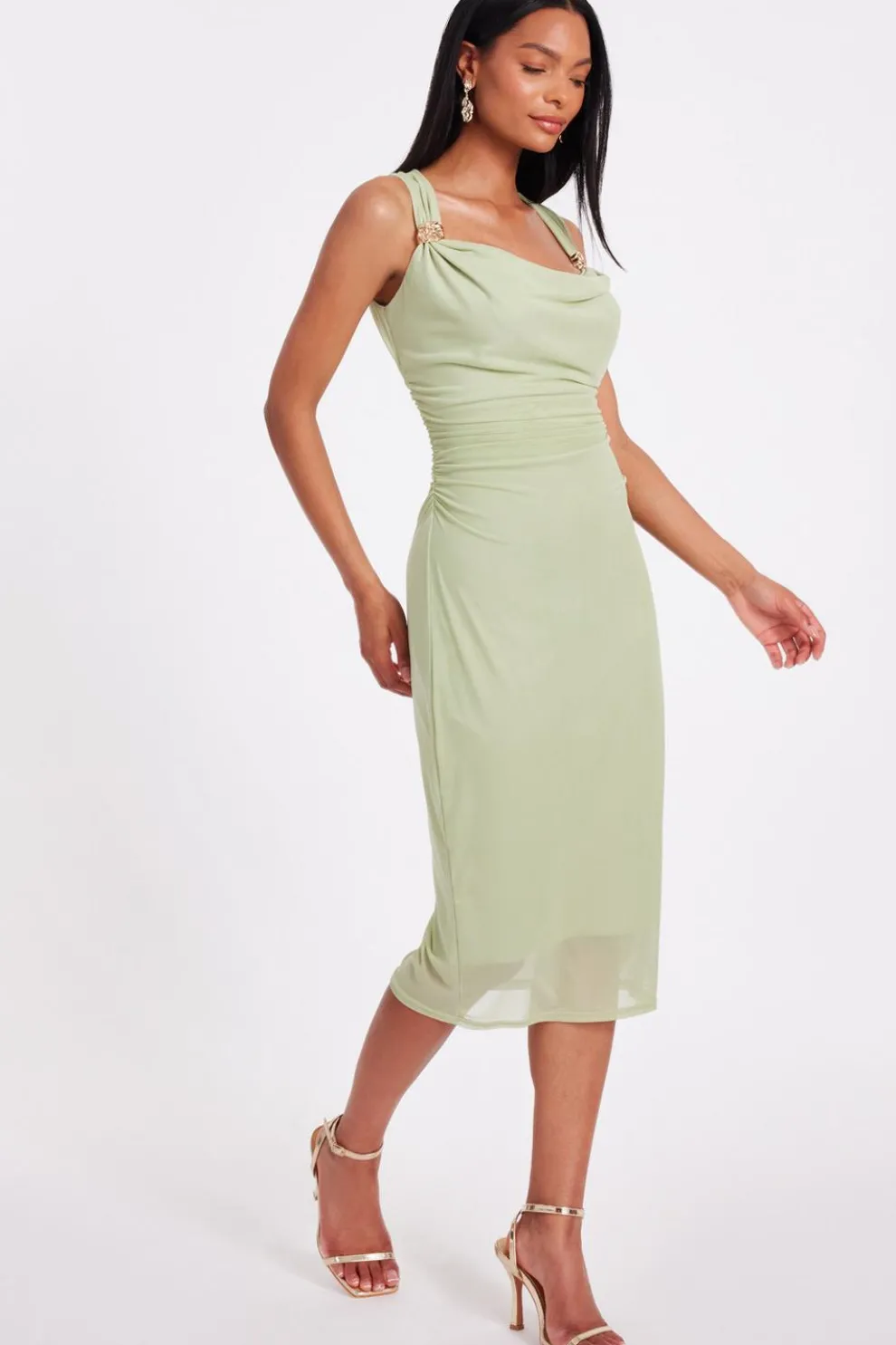 Sage Mesh Buckle Detail Midi Dress