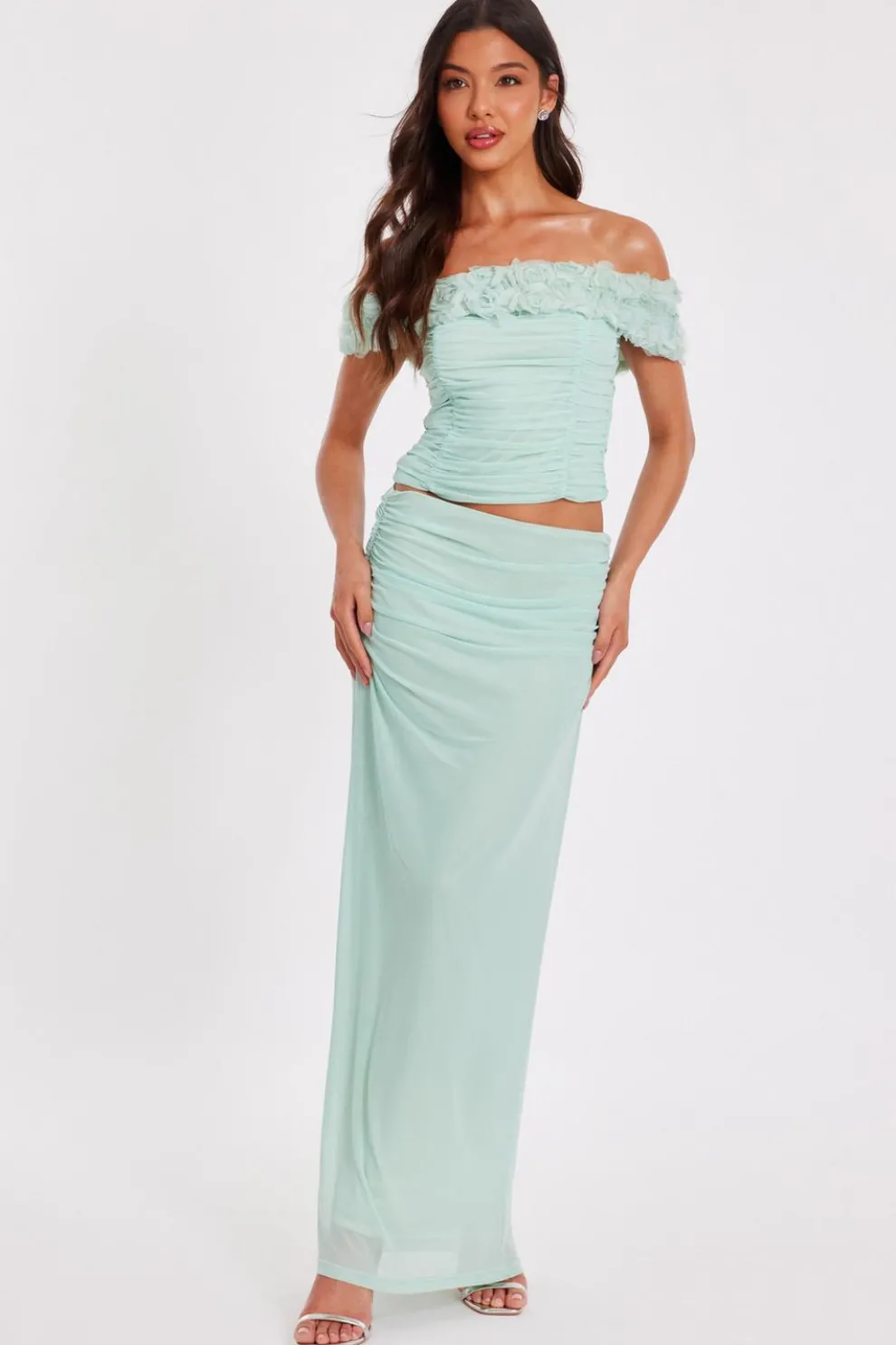 Sage Mesh Ruched Midaxi Skirt