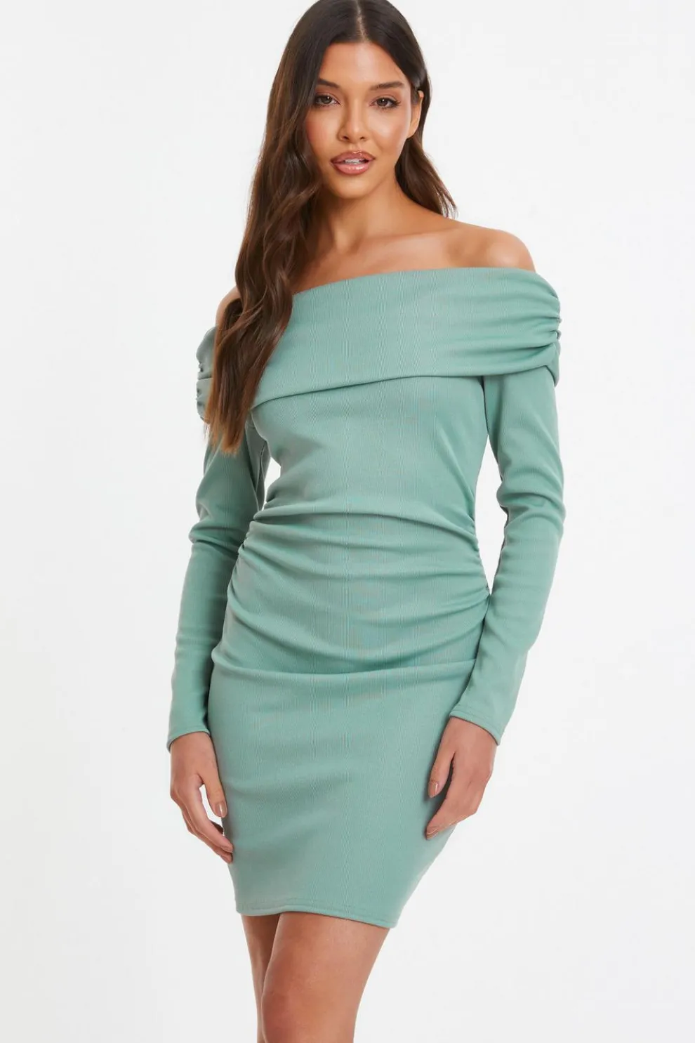 Sage Ribbed Bardot Mini Ruched Dress