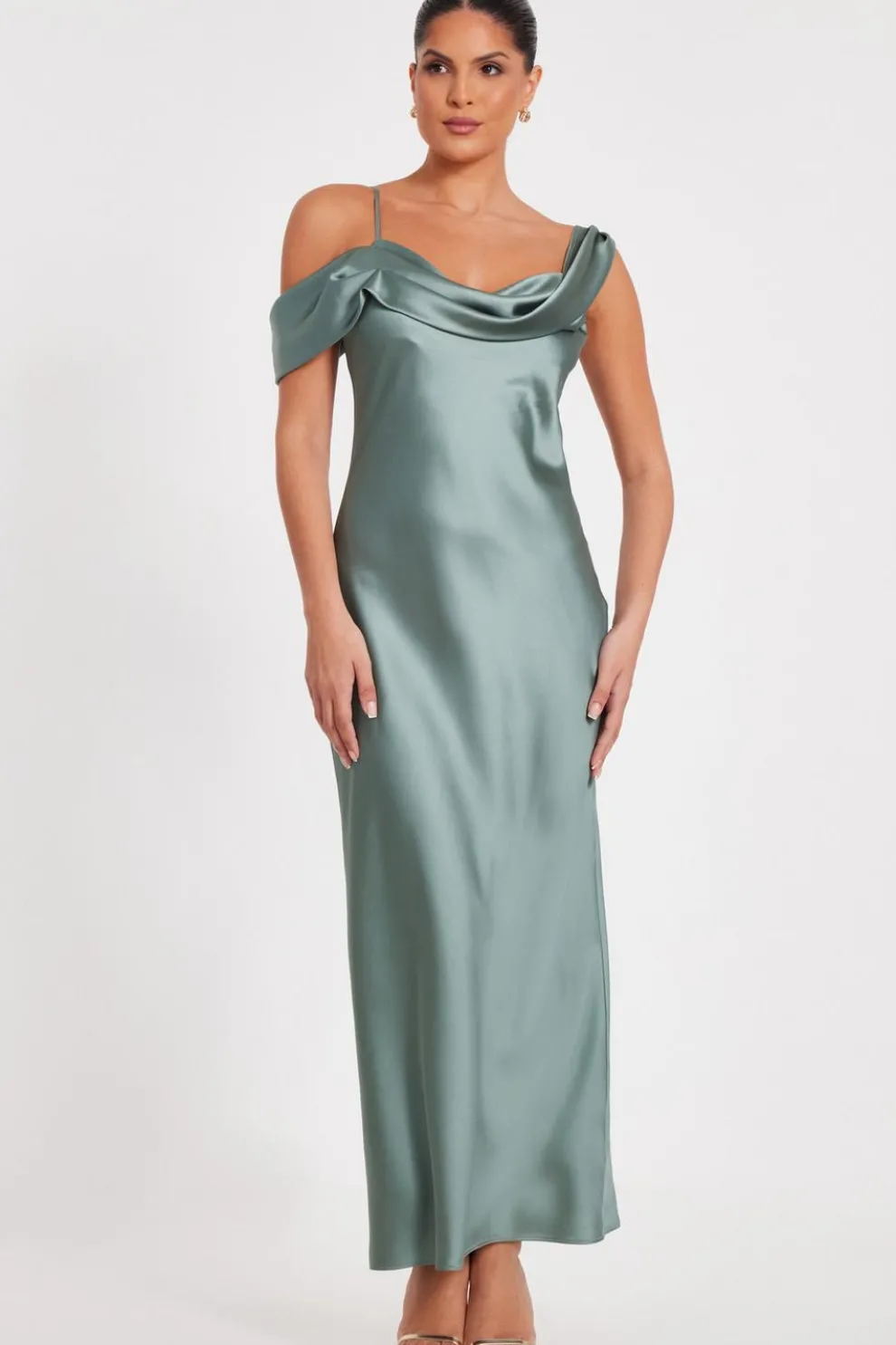 Sage Satin Drop Shoulder Maxi Dress