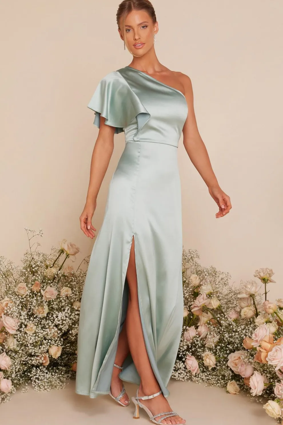 Sage Satin One Shoulder Maxi Dress