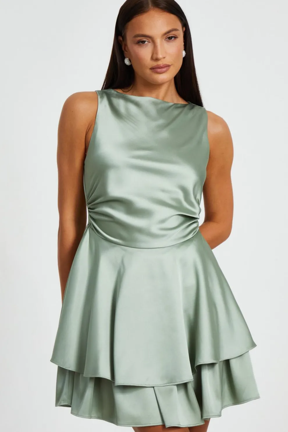 Sage Satin Tiered Skater Dress