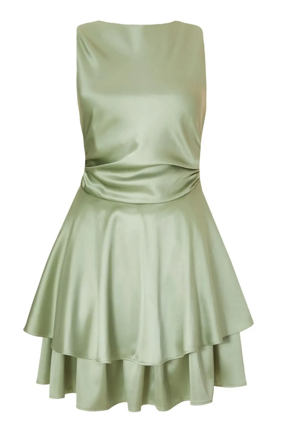 Sage Satin Tiered Skater Dress
