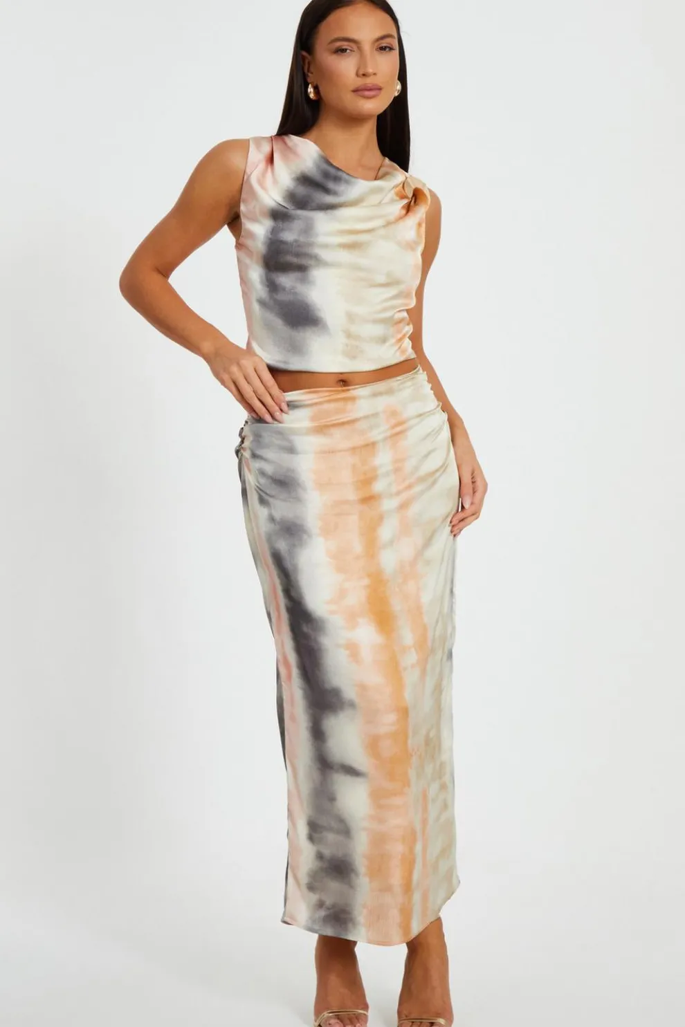 Satin Marble Print Maxi Skirt