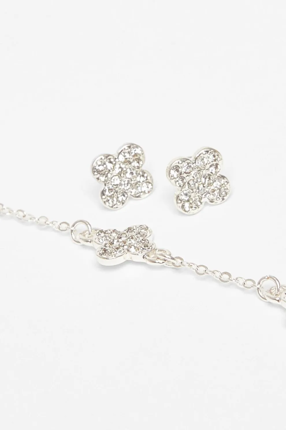 Silver Clover Diamante Jewellery Set