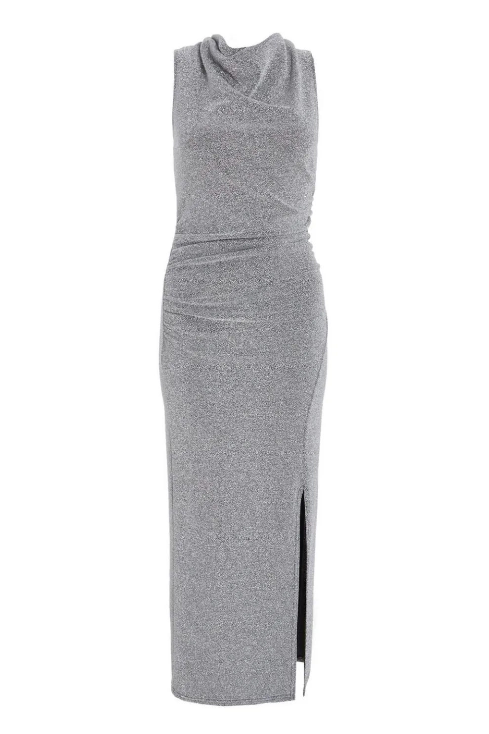 Silver Cowl Neck Ruched Midi Dress