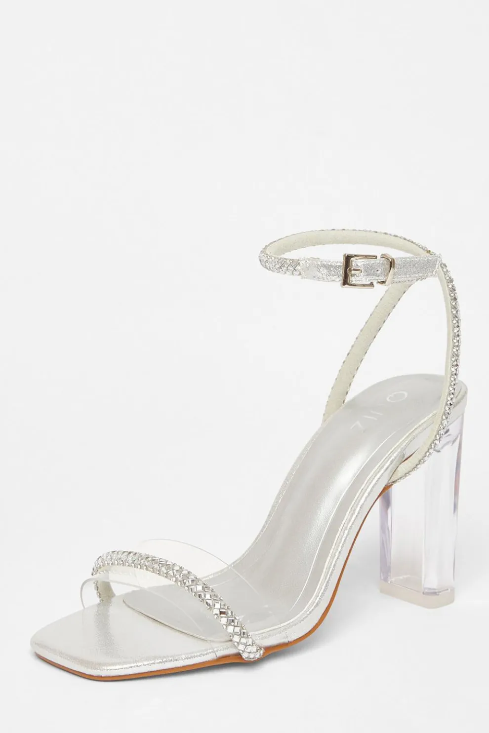Silver Diamante Clear Block Heels
