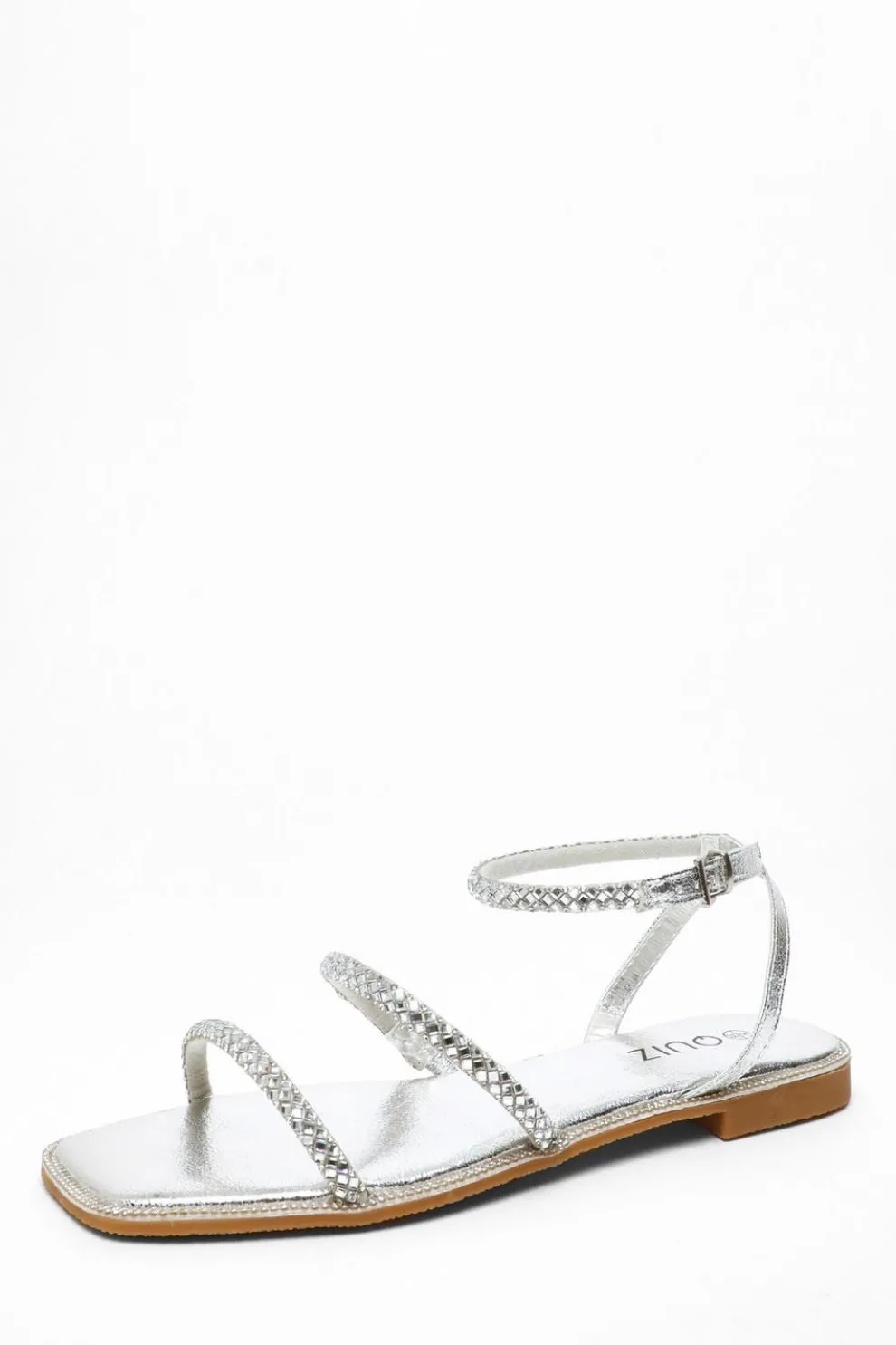 Silver Diamante Double Strap Flat Sandals