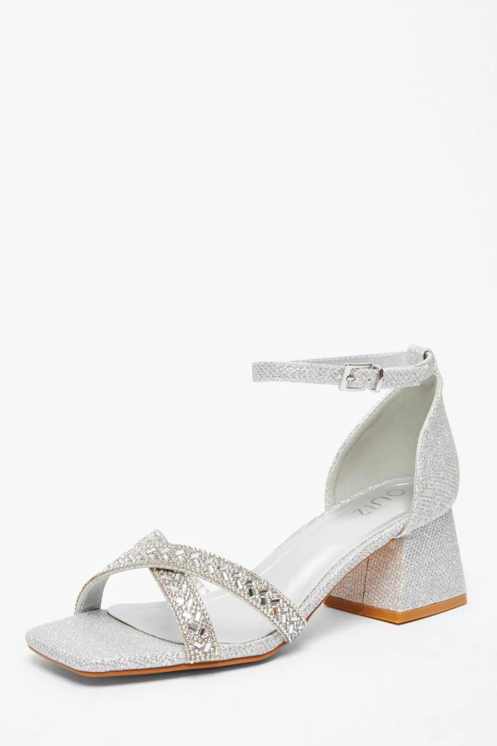 Silver Diamante Low Block Heels