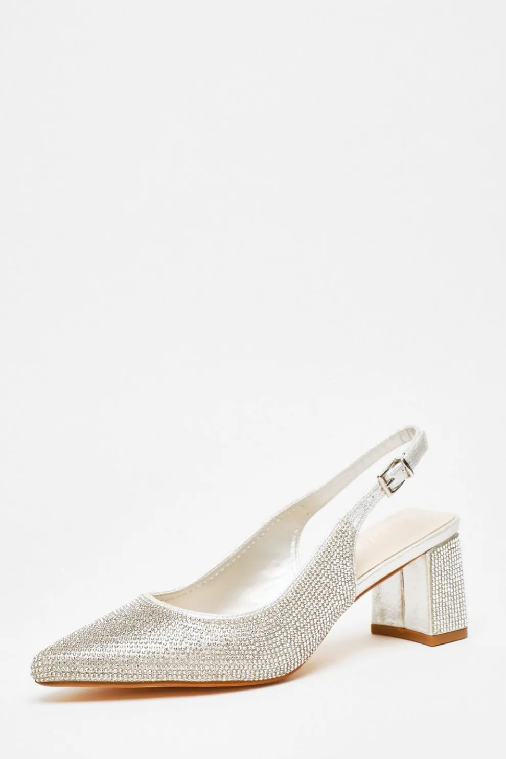 Silver Diamante Slingback Block Heel