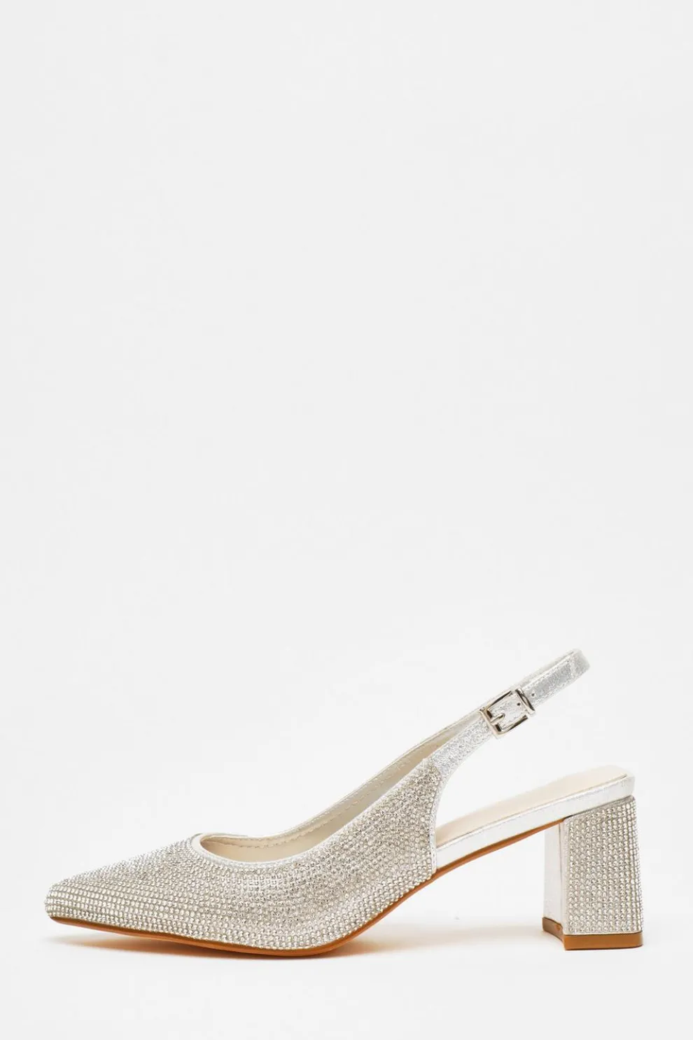 Silver Diamante Slingback Block Heel
