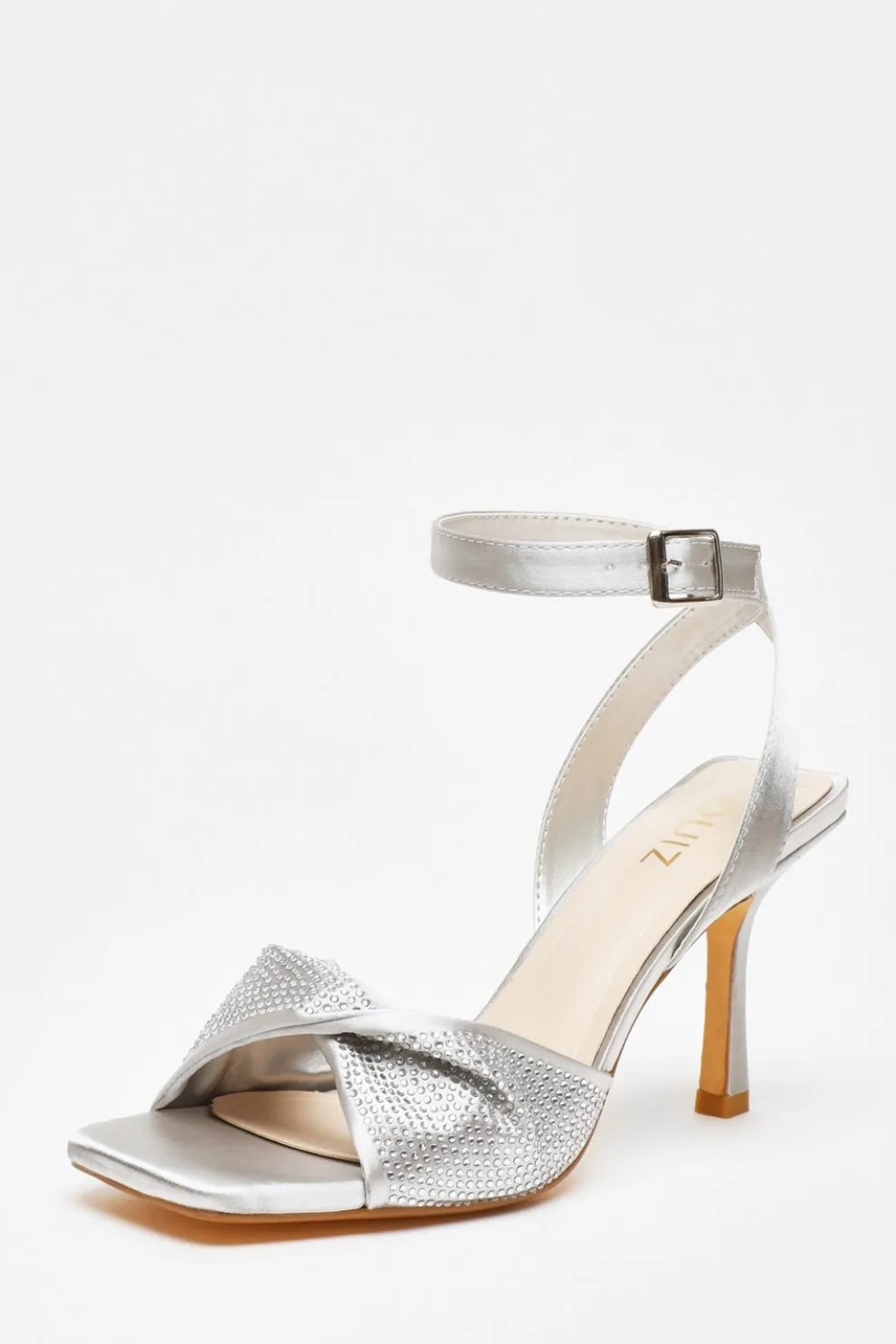 Silver Diamante Strappy Block Heeled Sandals