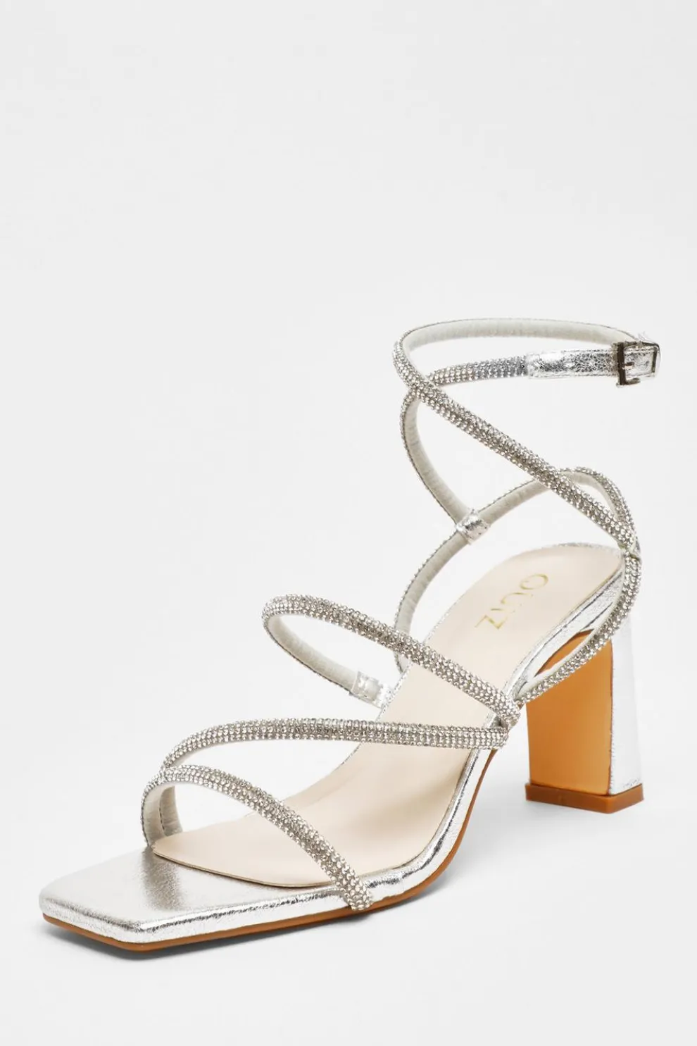 Silver Diamante Strappy Block Heeled Sandals