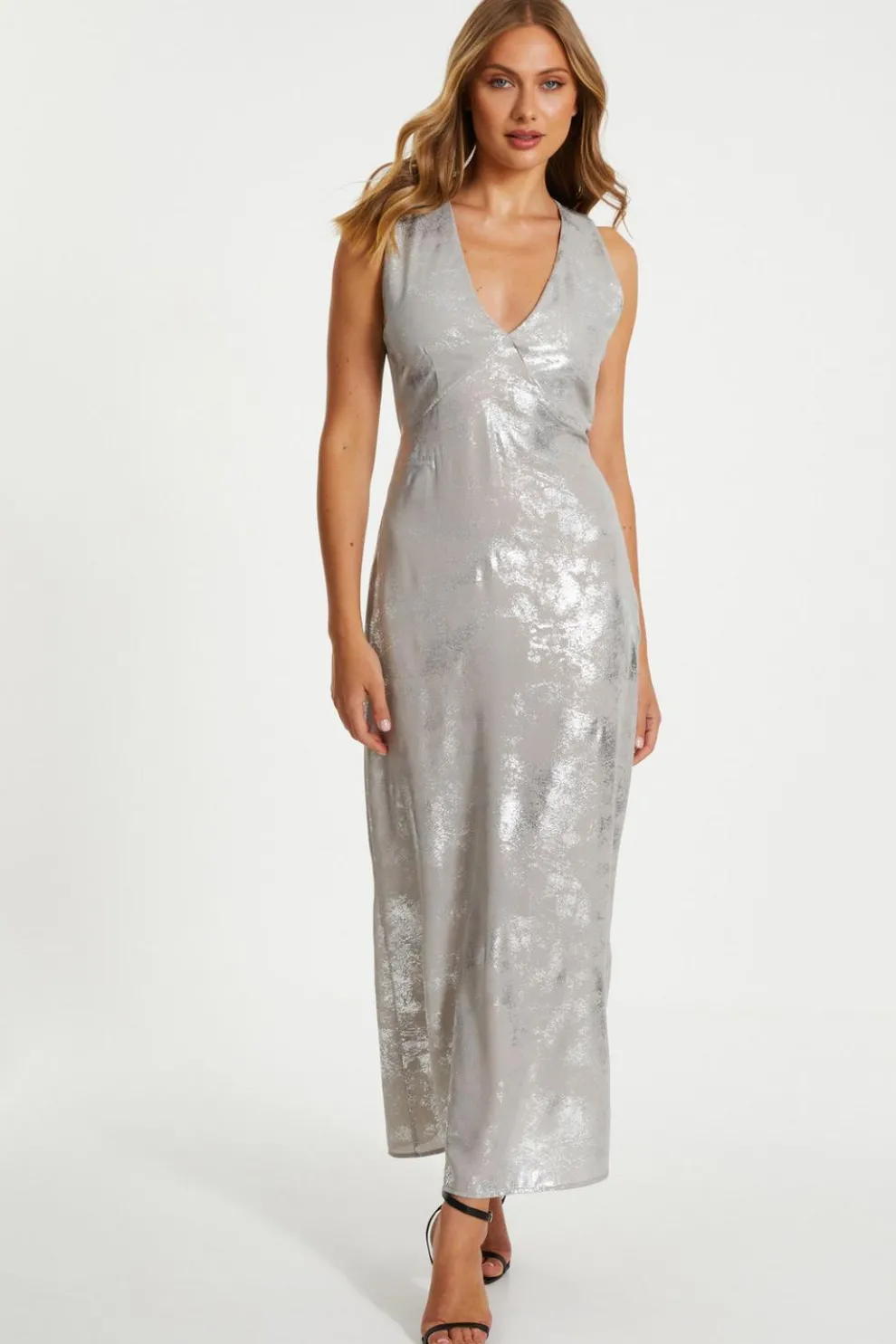 Silver Foil Plunge Maxi Dress