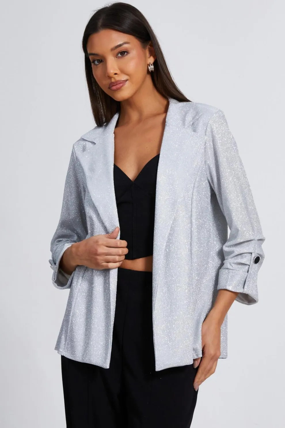 Silver Ruched Sleeve Blazer