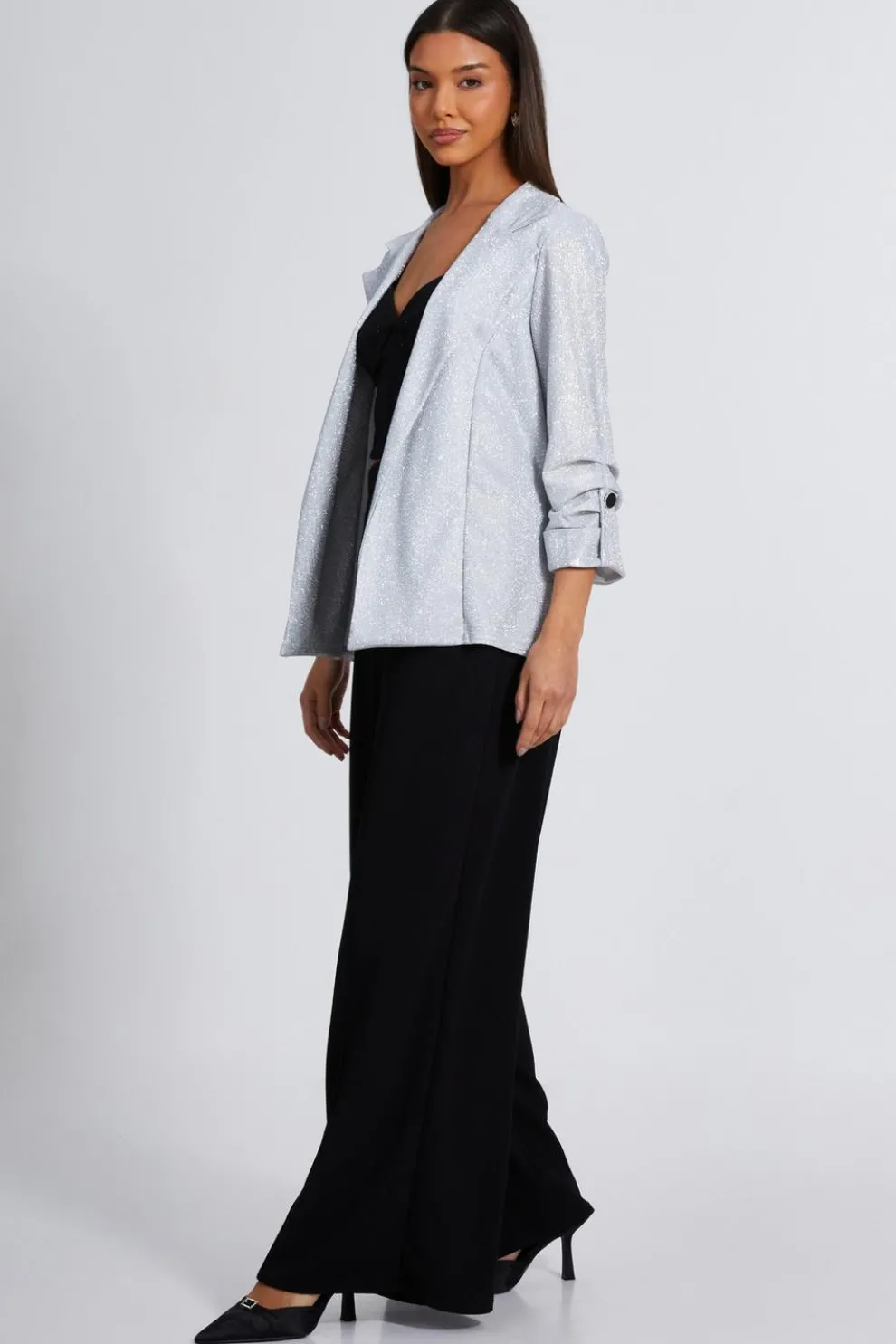 Silver Ruched Sleeve Blazer