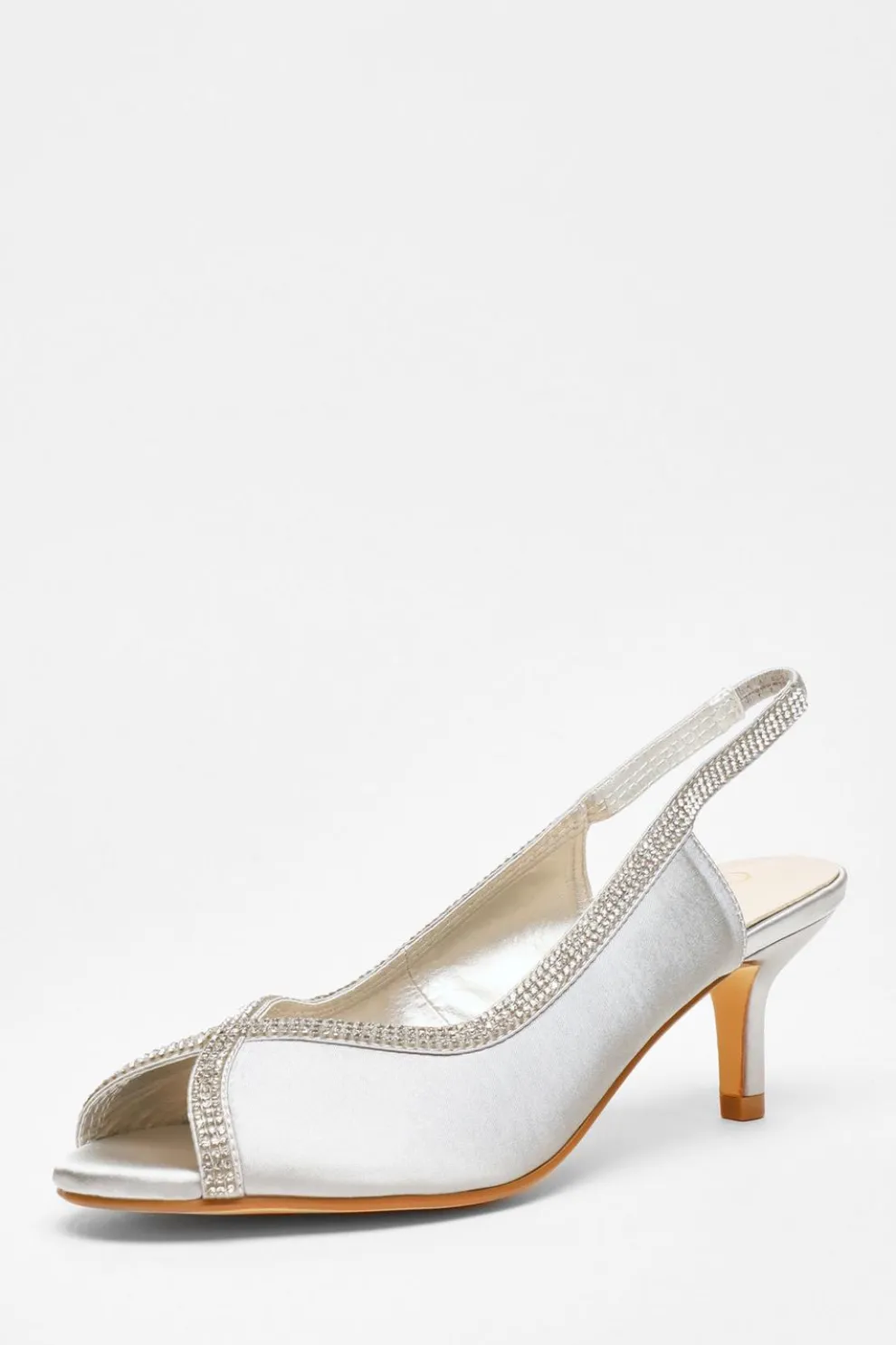 Silver Satin Diamante Low Heeled Slingback Heels