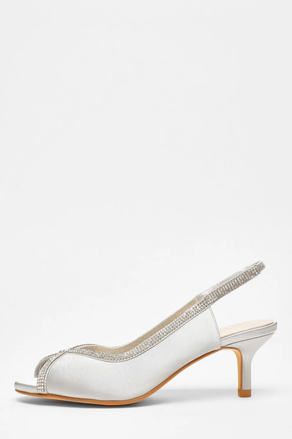 Silver Satin Diamante Low Heeled Slingback Heels
