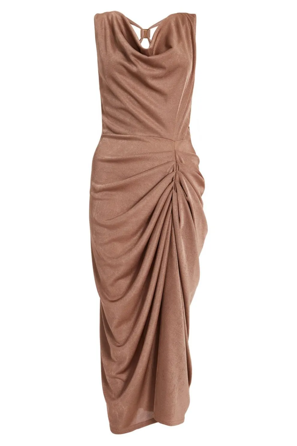 Stone Cowl Neck Ruched Midi Dress