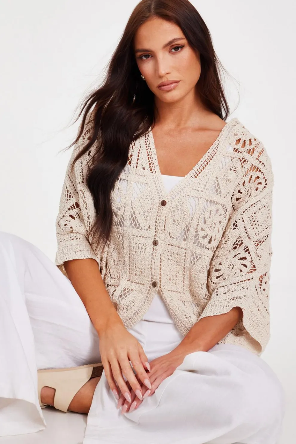 Stone Crochet Button Front Cardigan