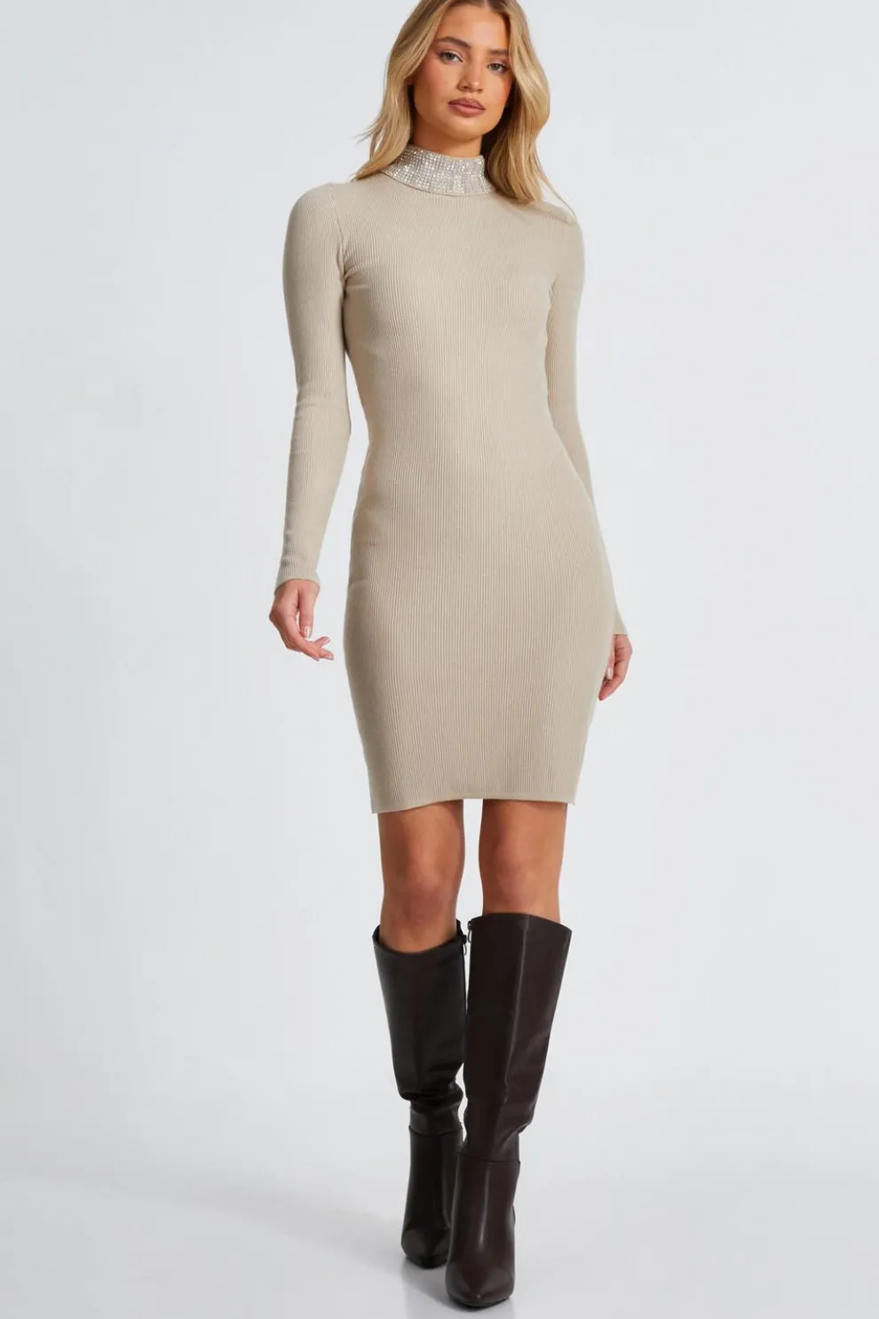Stone Diamante Roll Neck Dress