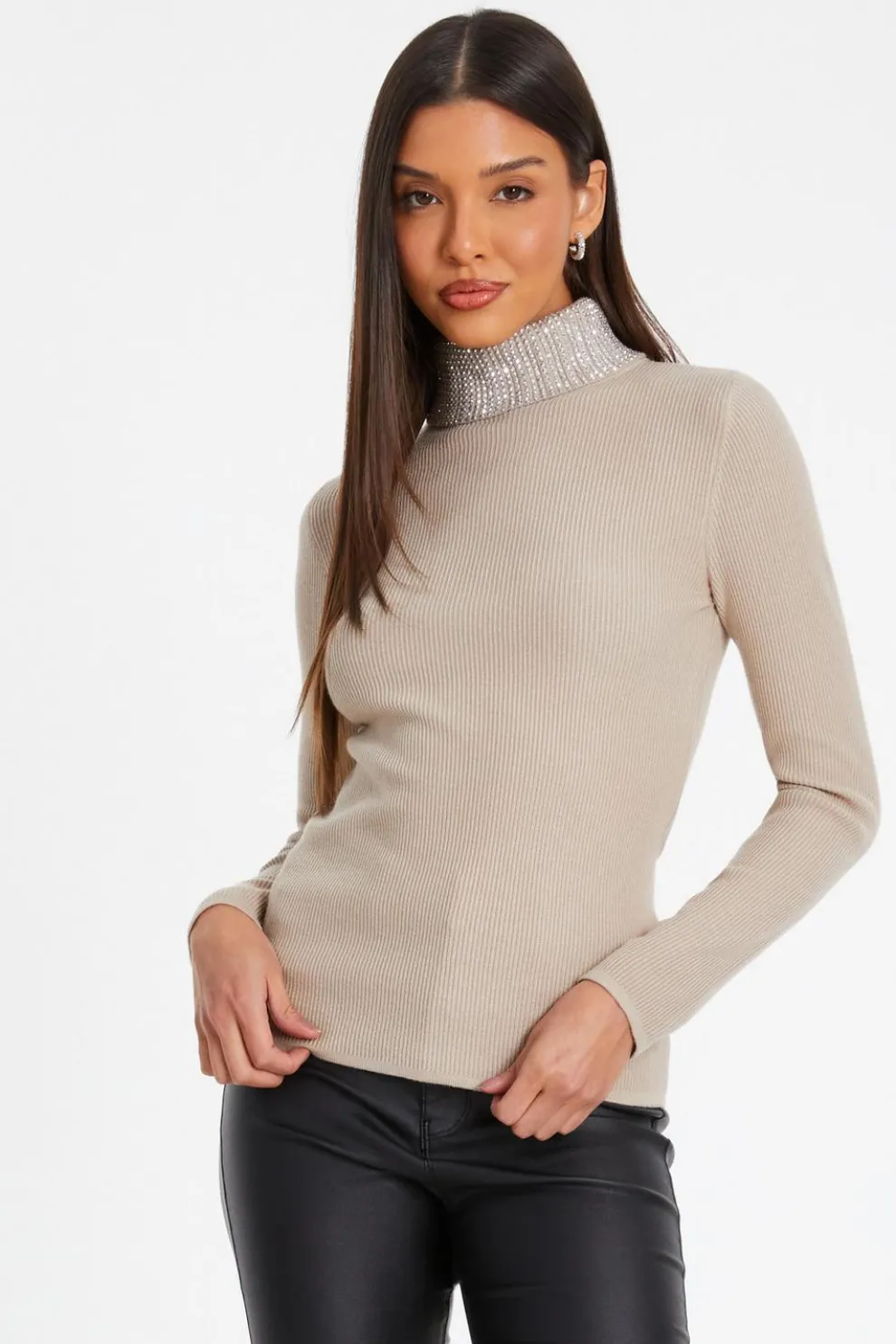 Stone Diamante Turtle Neck Jumper