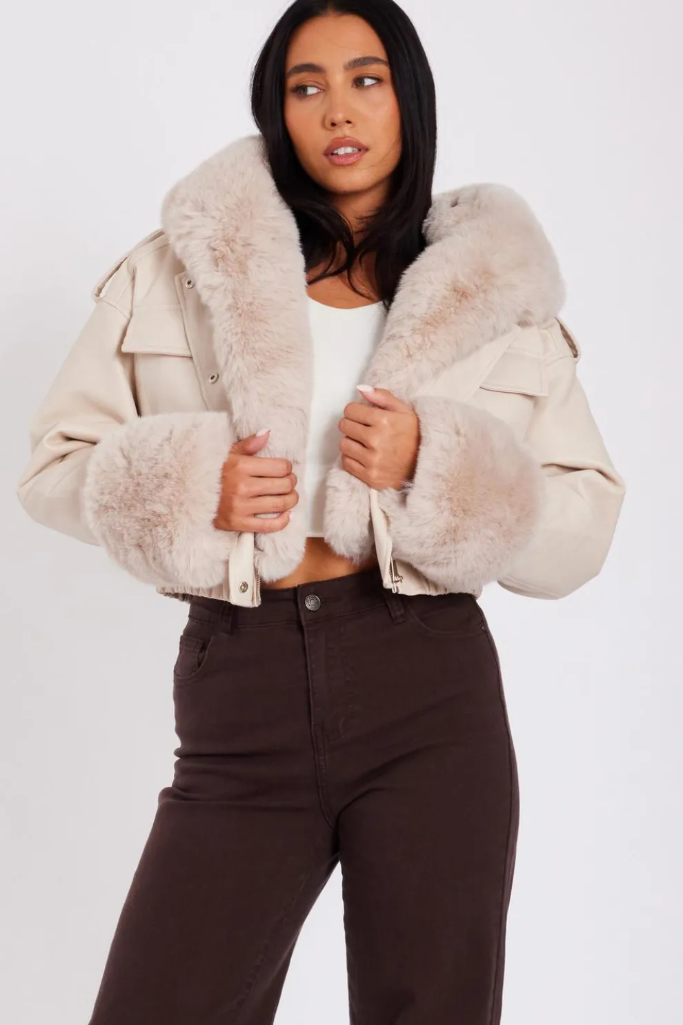 Stone Faux Fur Bomber Jacket