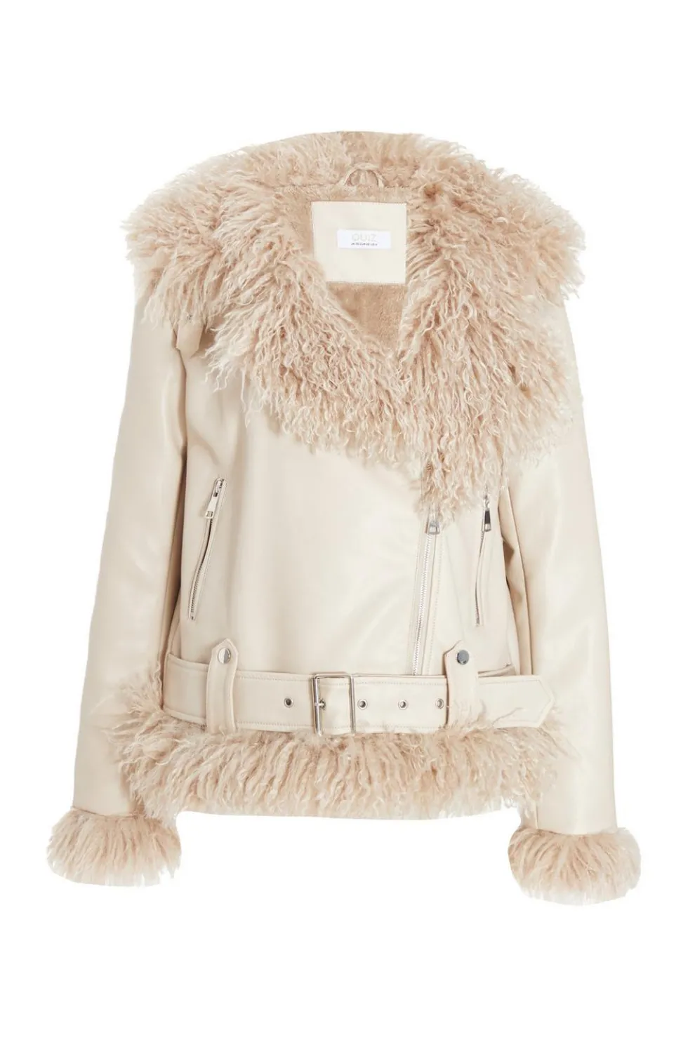 Stone Faux Fur Contrast Belted Jacket