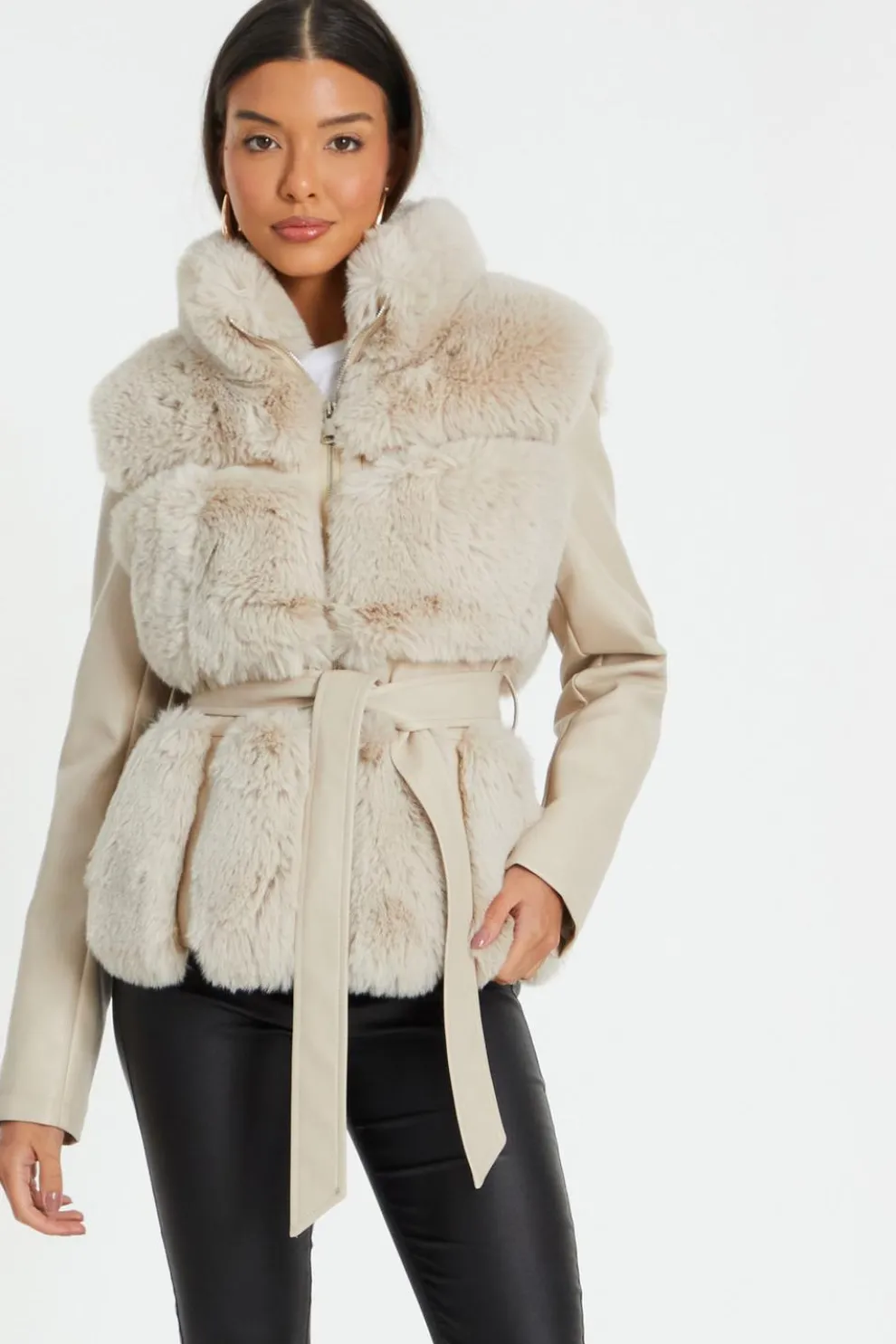 Stone Faux Fur Contrast Belted Jacket