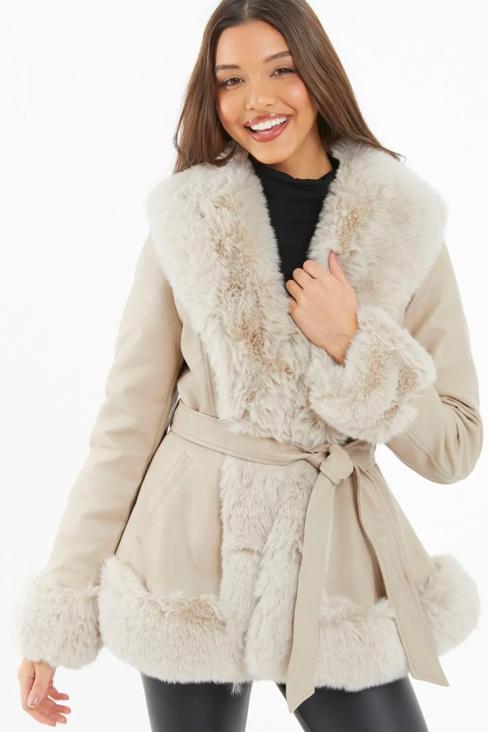 Stone Faux Fur Trim Belted Jacket