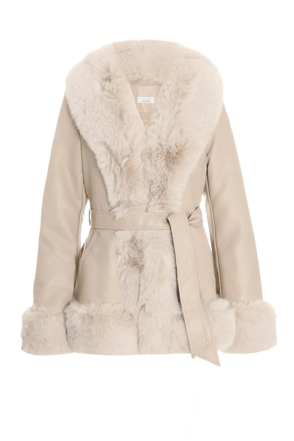 Stone Faux Fur Trim Belted Jacket