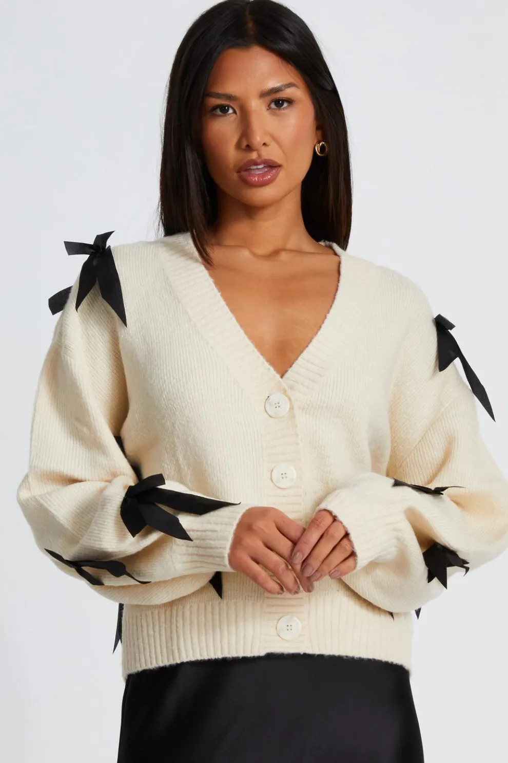 Stone Knitted Bow Detail Cardigan