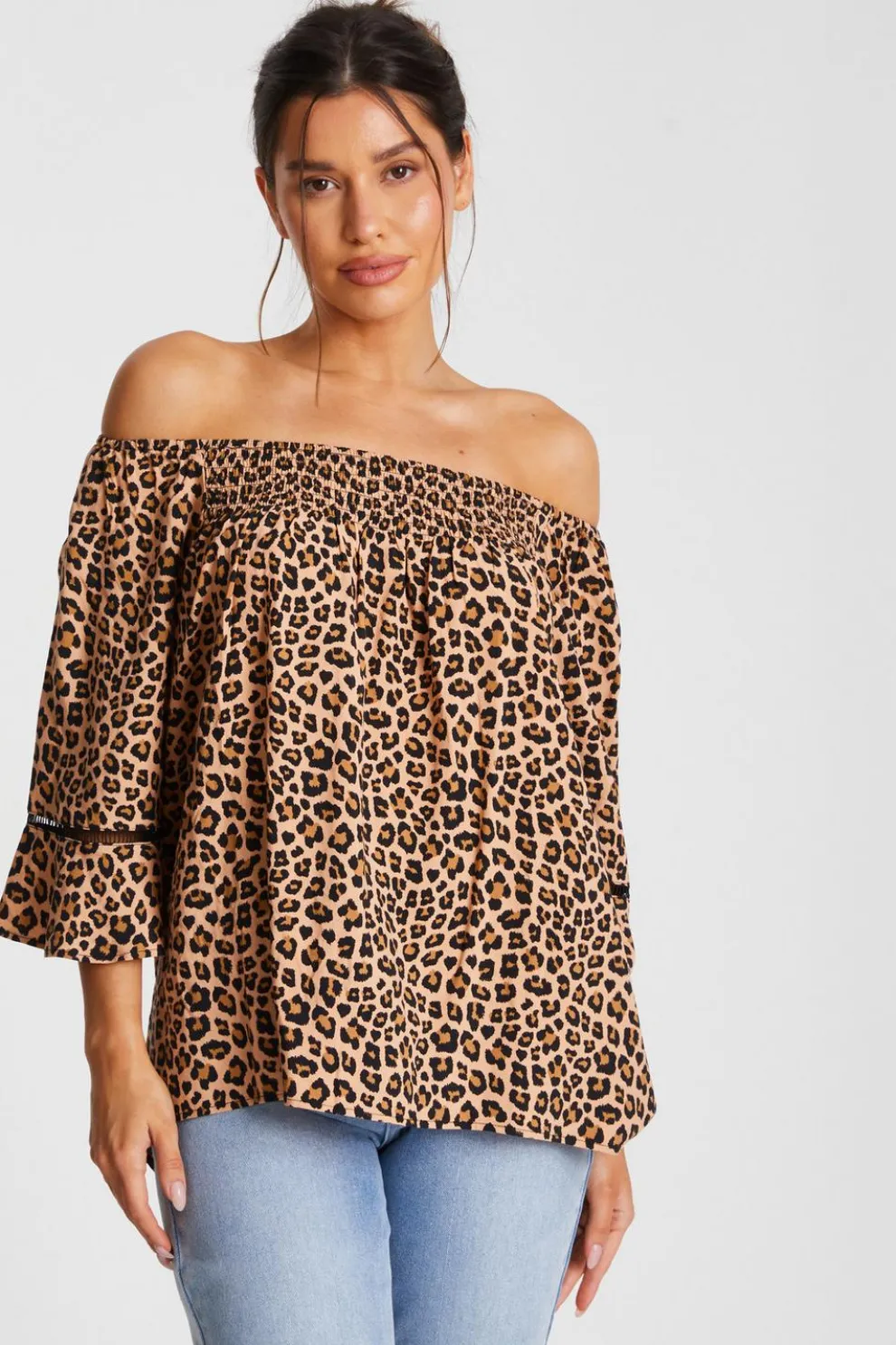 Stone Leopard Print Bardot Top