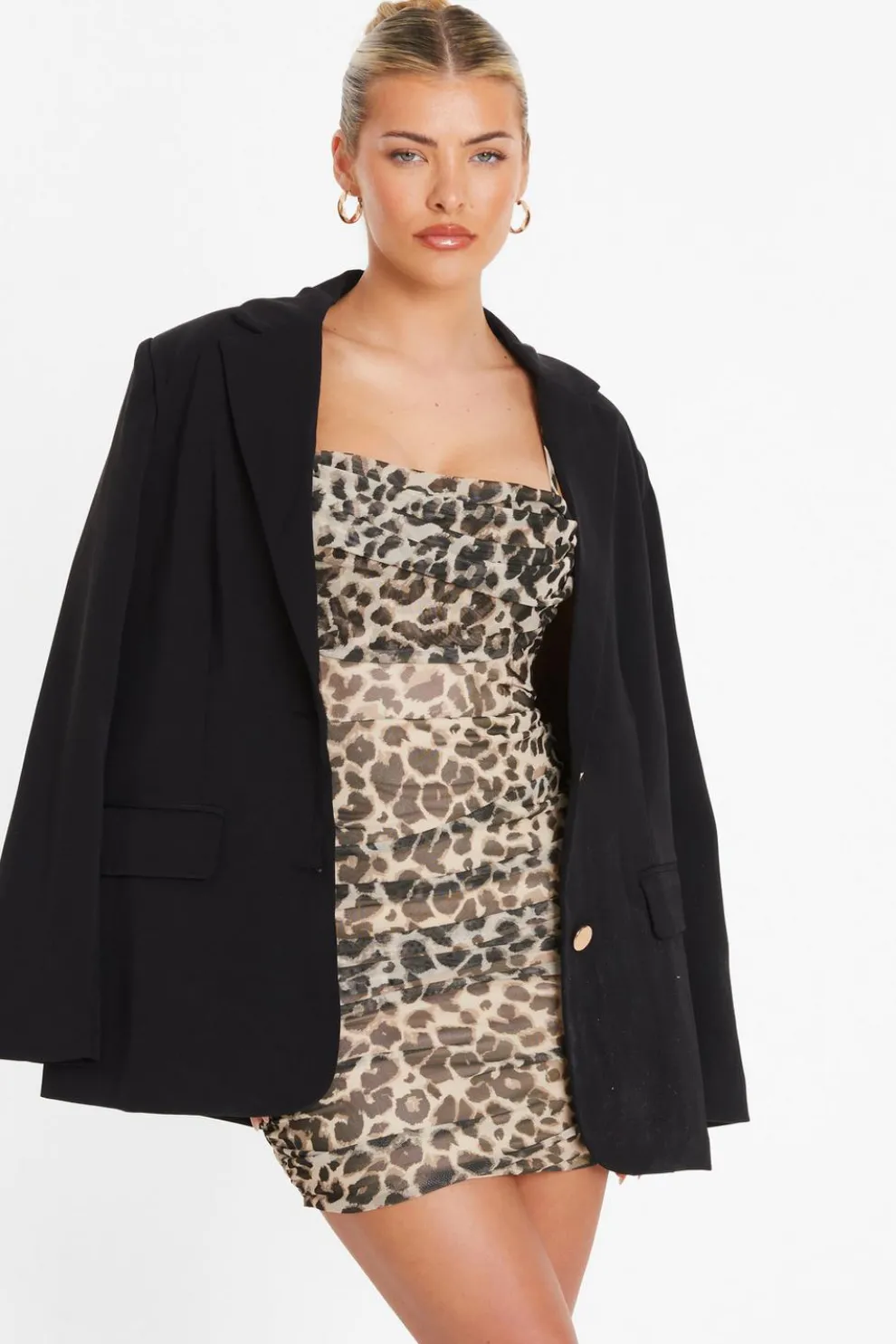 Stone Leopard Print Mesh Bardot Mini Dress