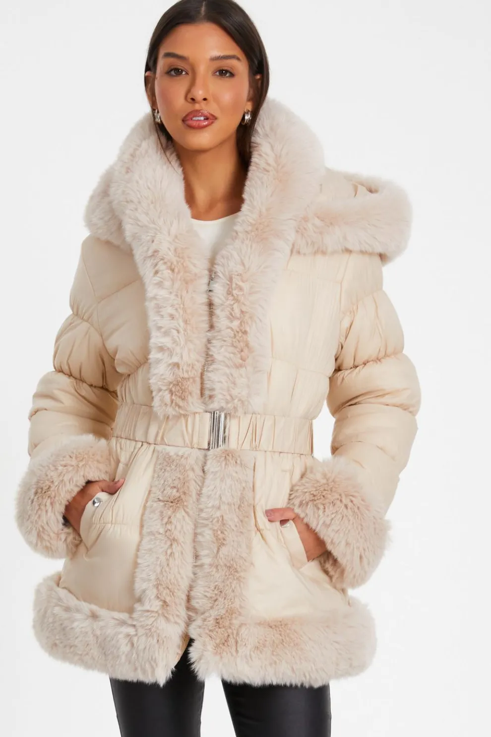 Stone Padded Faux Fur Trim Jacket