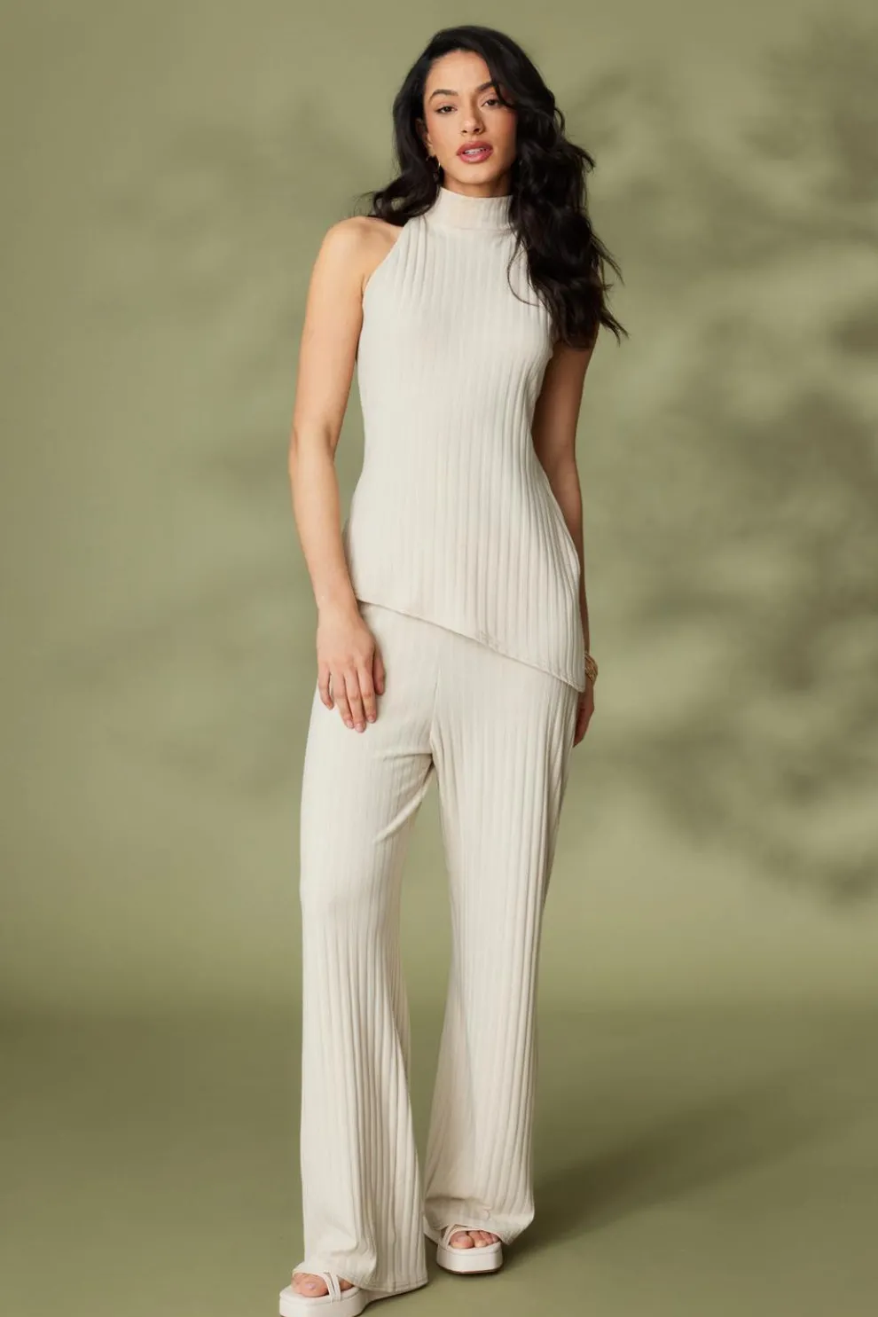 Stone Ribbed High Waisted Trousers