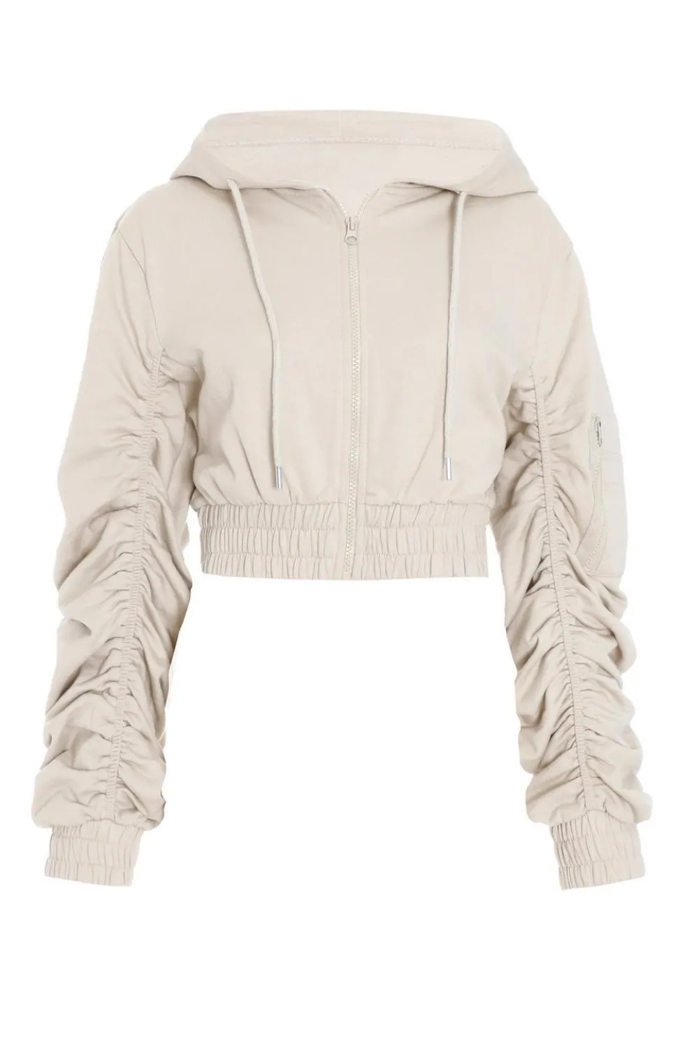 Stone Ruched Sleeve Cropped Hoodie