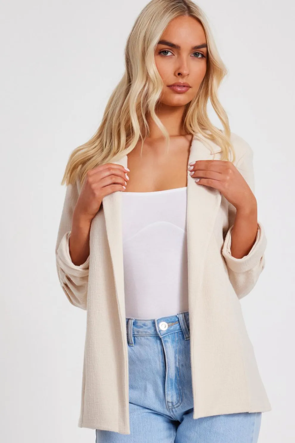 Stone Textured Ruched Sleeve Blazer